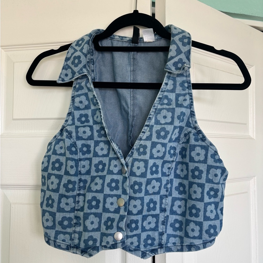 H&M 70s inspired Floral Blue Denim Vest - Picture 4 of 5